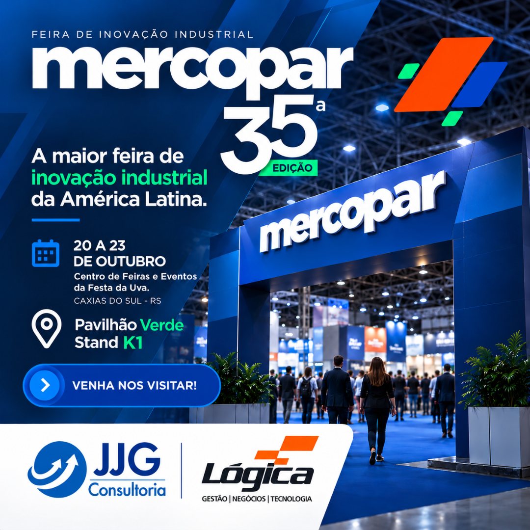 Mercopar 2026 - de 20 a 23 de outubro, Pavilhão Verde, Stand K1, Caxias do Sul - RS. JJG Consultoria e Lógica Informática.